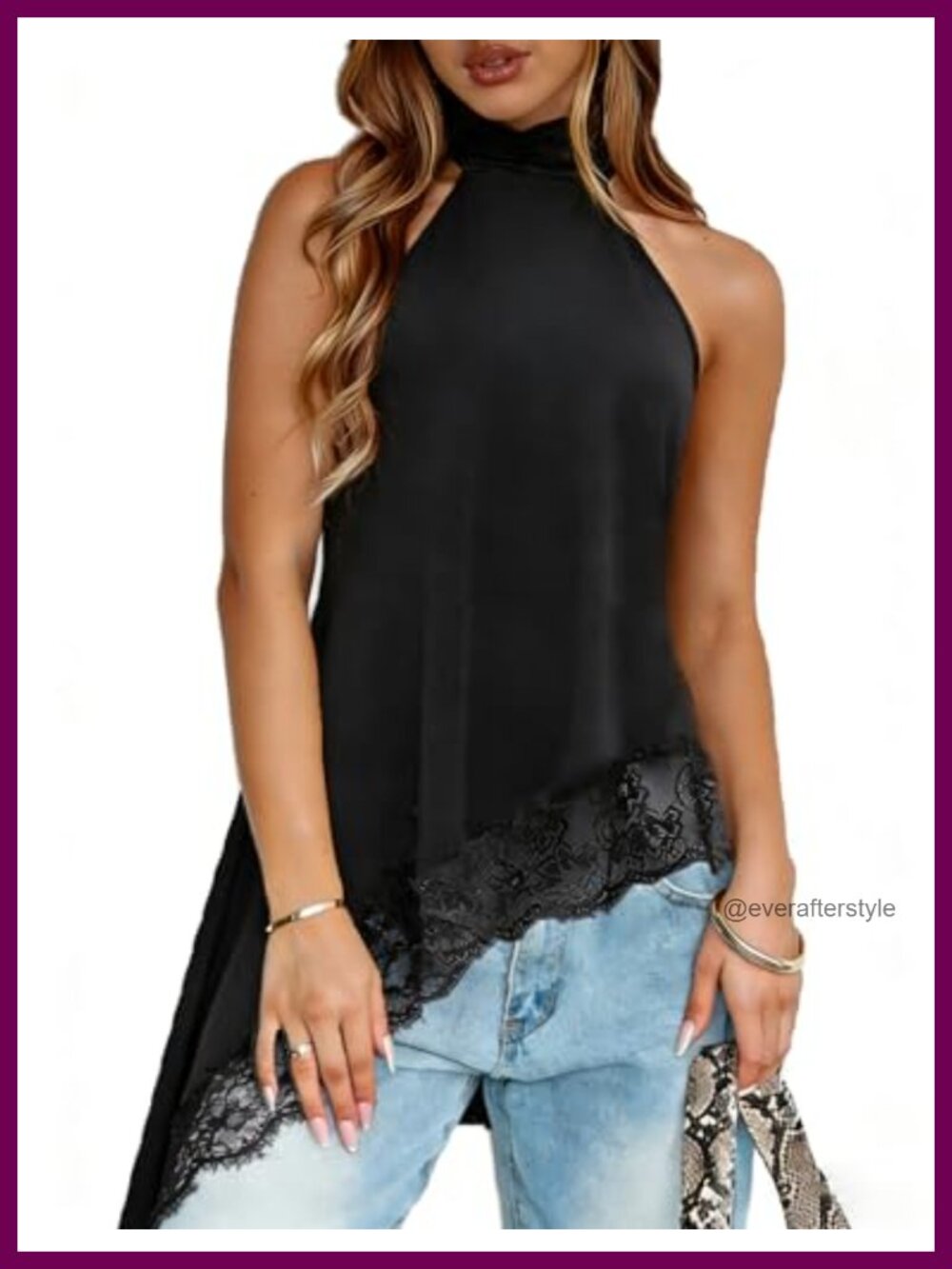 Women's Halter Neck Satin Lace Asymmetrical Hem Tank Top